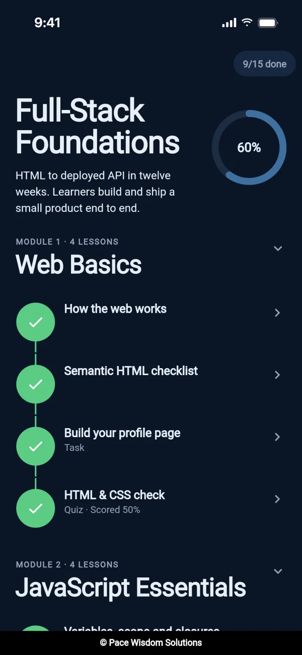Course roadmap showing completed lessons, a task and a quiz in the Web Basics module