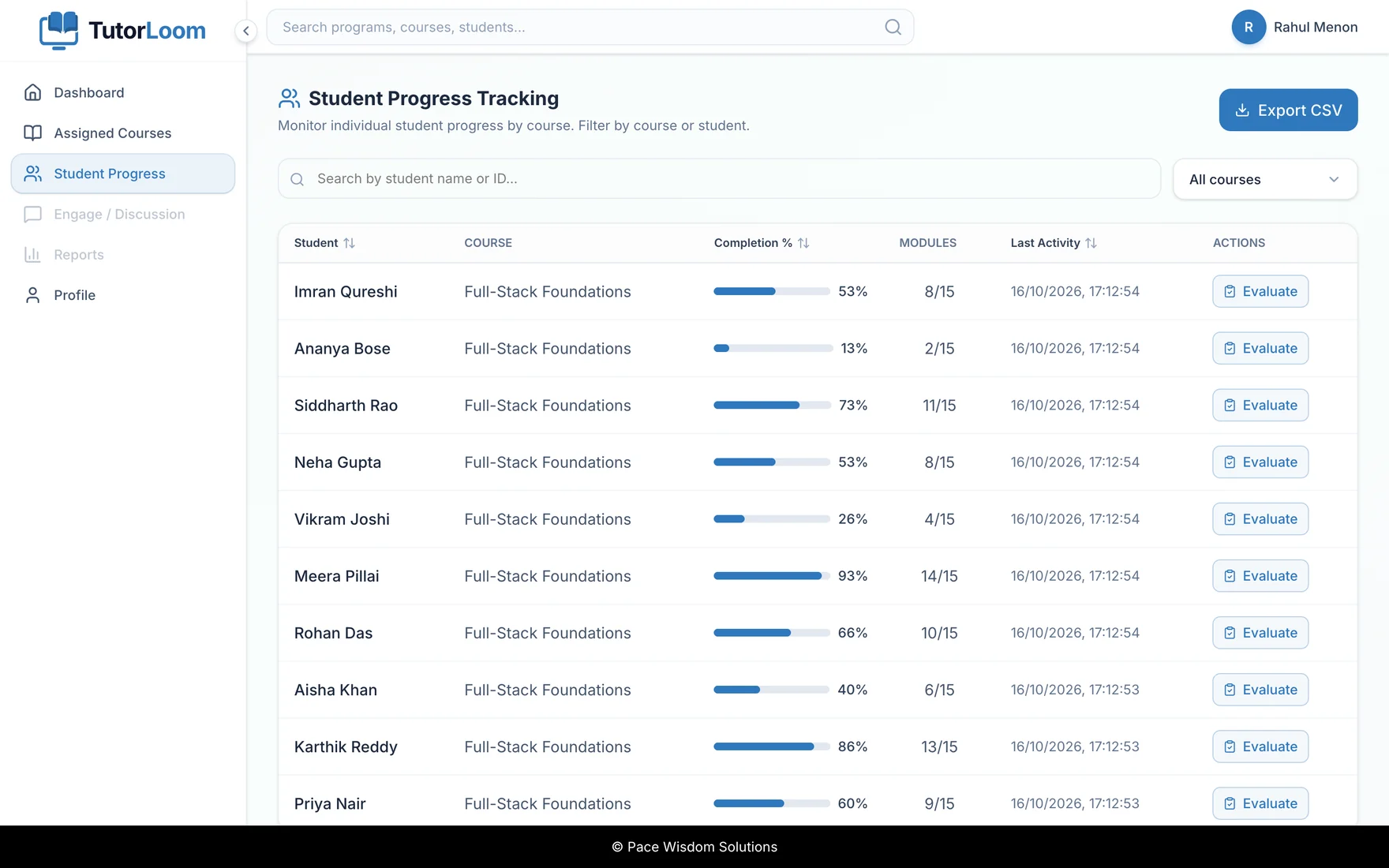 Trainer’s student progress table listing ten learners with completion bars, module counts and an Evaluate button for each